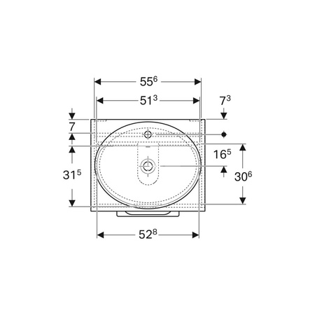 Umywalka GEBERIT Variform eliptyczna, biała, 550mm, otwór na baterię na środku, wpuszczana w blat, z odpływem przelewowym, półka od ściany