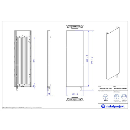 Grzejnik elektryczny (suszarka) INSTAL-PROJEKT INVENTIO ELECTRO, wym. 1600 (1705 z grzałką)/480 mm, moc 900 W
