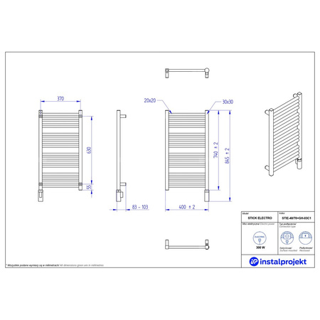 Grzejnik elektryczny (suszarka) INSTAL-PROJEKT Stick Electro, wym. 740 (845 z grzałką)/400 mm, kolor biały połysk,  moc 300 W