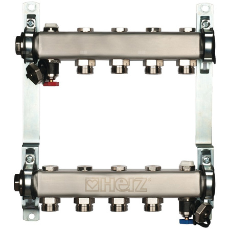 Rozdzielacz do ogrzewania podłogowego HERZ 6-obieg. stal nierdzewna GW 1'' x GZ 3/4'' + zawór napełn/spust + odpowietrznik