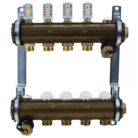 Rozdzielacz do ogrzewania podłogowego HERZ 5-obieg. mosiądz GW 1'' x GZ 3/4'' + przepływomierz + zawór napełn/spust + odpowietrznik