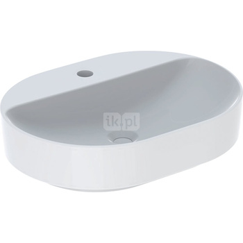 Umywalka GEBERIT Variform eliptyczna, biała / KeraTect, 600mm, otwór na baterię na środku, stawiana na blat, bez odpływu przelewowego, półka od ściany