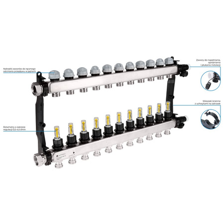 Rozdzielacz do ogrzewania podłogowego AFRISO ProCalida VA 1C 11-obieg. stal nierdzewna GZ 1'' x euroconus 3/4''