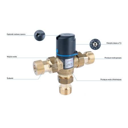 Zawór regulacyjny termostatyczny do wody ciepłej AFRISO ATM 363 ze śrubunkami mosiądz GZ 1'', DN 20, zakres temp. 35-60'C, Kvs 1.6 m3/h, maksymalna temperatura 90'C, maksymane ciśnienie 10 bar