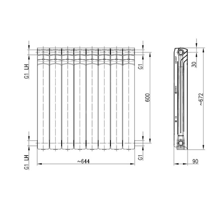 Grzejnik żeberkowy KFA Armatura G600F/8 aluminium, podłączenie boczne 672 x 644 mm, kolor biały