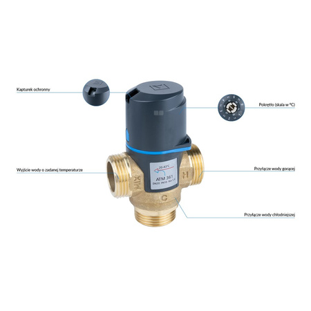 Zawór regulacyjny termostatyczny do wody ciepłej AFRISO ATM 361 mosiądz GZ 1'', DN 20, zakres temp. 20-43'C, Kvs 1.6 m3/h, maksymalna temperatura 90'C, maksymane ciśnienie 10 bar