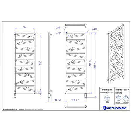 Grzejnik elektryczny (suszarka) INSTAL-PROJEKT Trick Electro, wym. 1517 (1622 z grzałką)/530 mm, kolor czarny mat, moc 600 W