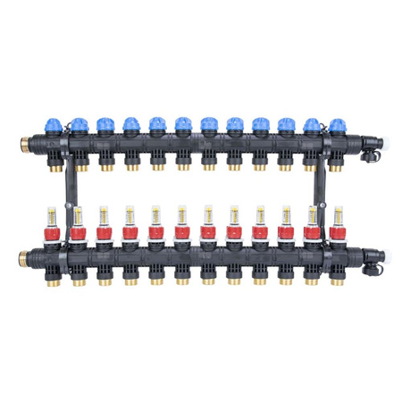 Rozdzielacz do ogrzewania podłogowego AFRISO ProCalida EF1 K 12-obieg. poliamid GZ 1'' x euroconus 3/4'' + przepływomierz + zawór napełn/spust