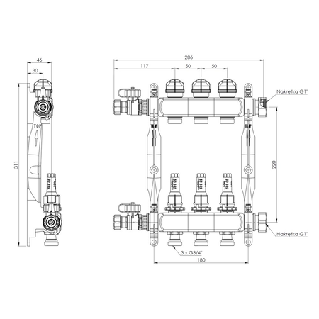 Rozdzielacz do ogrzewania podłogowego AFRISO ProCalida VA 1C 3-obieg. stal nierdzewna GZ 1'' x euroconus 3/4''