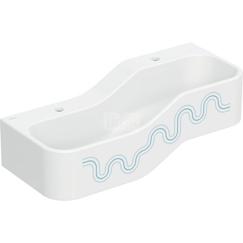 Umywalka GEBERIT Bambini 2-stanowiskowa prostokątna (rynna, elementy dekoracyjne), biała, 900mm, otwór na baterię na środku (x2), bez odpływu przelewowego, półka od ściany