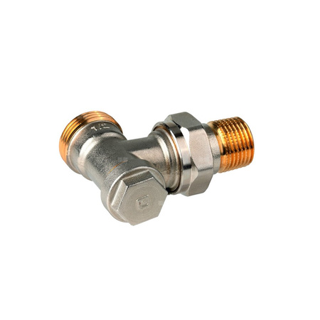 Zawór powrotny VERAFIX-E, kątowy, 1/2”, gwint zewnętrzny, ze złączką do grzejnika z uszczelnieniem metal-metal