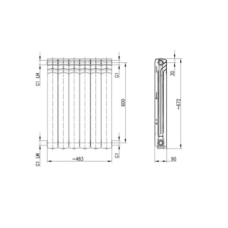 Grzejnik żeberkowy KFA Armatura G600F/6 aluminium, podłączenie boczne 672 x 483 mm, kolor biały
