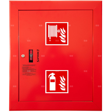 Hydrant DN52 wnękowy z koszem, 600x500x200mm, z miejscem na gaśnicę, wąż 15m, zamek patent, RAL 3000