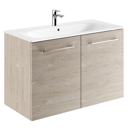 Zestaw umywalki meblowej Geberit Selnova Square, slim rim, z szafką pod umywalkę, z dwoma drzwiami: B1=98.8cm, T=50.2cm, Otwór na baterię=Na środku, Przelew=Widoczny, Orzech włoski hickory jasny