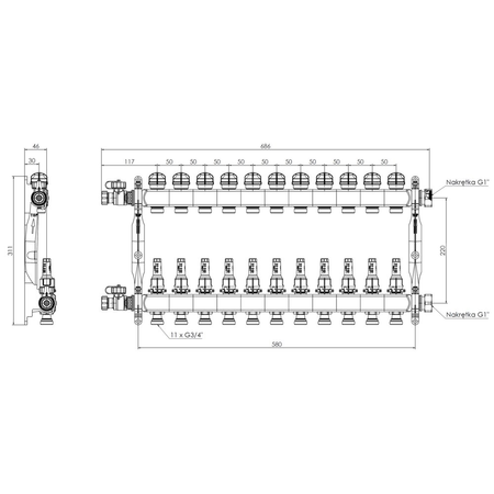 Rozdzielacz do ogrzewania podłogowego AFRISO ProCalida VA 1C 11-obieg. stal nierdzewna GZ 1'' x euroconus 3/4''