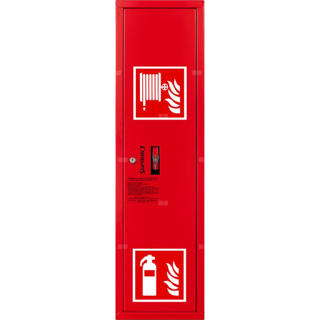 Hydrant DN 52 zawieszany boczny ze zwijadłem, z miejscem na gaśnicę, wąż 20 m, zamek patent, RAL 3000 prawy