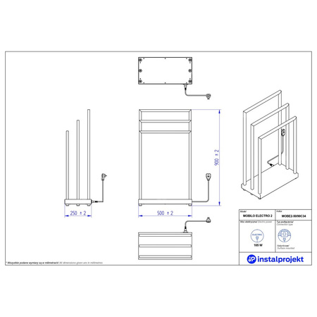 Grzejnik elektryczny (suszarka) INSTAL-PROJEKT Mobilo Electro 2, wym. 900/500 mm, kolor czarny mat, moc 105 W