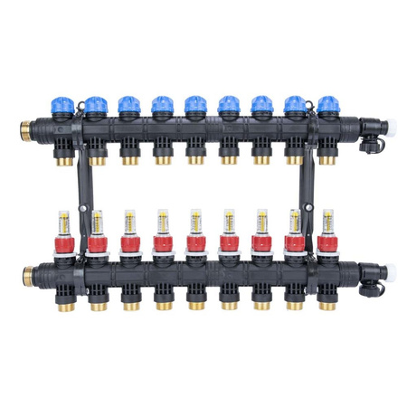 Rozdzielacz do ogrzewania podłogowego AFRISO ProCalida EF1 K 9-obieg. poliamid GZ 1'' x euroconus 3/4'' + przepływomierz + zawór napełn/spust