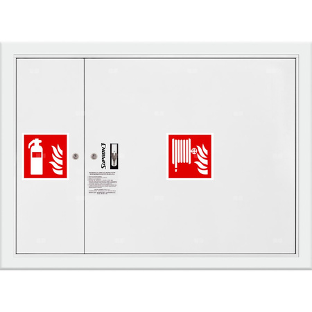 Hydrant DN 52 wnękowy z miejscem na gaśnicę obok zwijadła, wąż 20 m, zamek patent, RAL 9003