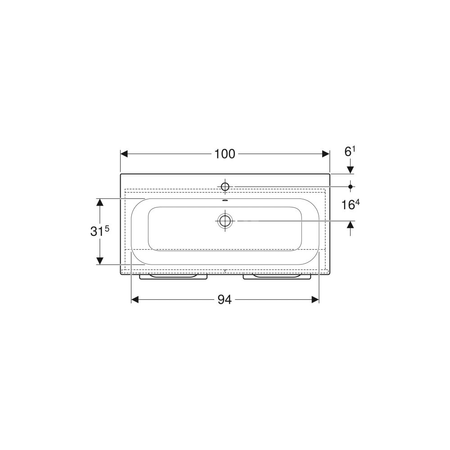 Umywalka GEBERIT Selnova Square prostokątna, biała, 1000mm, otwór na baterię na środku, nakładany od góry, z odpływem przelewowym, półka od ściany
