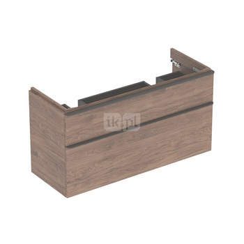 Szafka pod umywalkę podwójną Geberit Smyle Square, z dwoma szufladami: Szerokość umywalki=120cm, H=61.7cm, Korpus i front: orzech hickory / melaminowa struktura drewna, Uchwyt: lava / malowany proszkowo, matowy