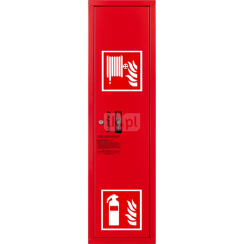 Hydrant DN 52 zawieszany boczny ze zwijadłem, z miejscem na gaśnicę, wąż 15 m, zamek patent, RAL 3000 lewy