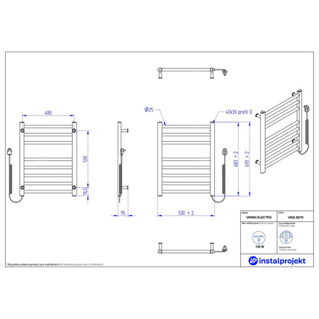 Grzejnik elektryczny (suszarka) INSTAL-PROJEKT VIKING ELECTRO, wym. 693/530 mm, kolor biały połysk,  moc 130 W