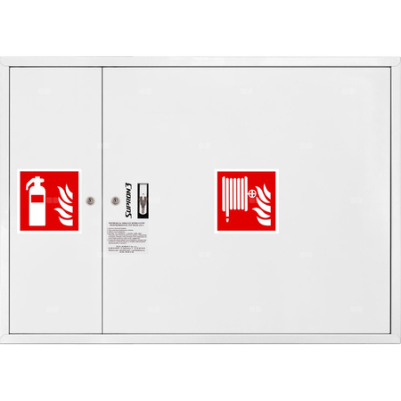 Hydrant DN 52 zawieszany z miejscem na gaśnice obok kosza, wąż 20 m, zamek patent, RAL 9003