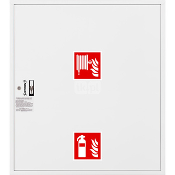 Hydrant DN 33 zawieszany z miejscem na gaśnicę pod zwijadłem, wąż 20 m, ocynk fasada, zamek patent, RAL 9003