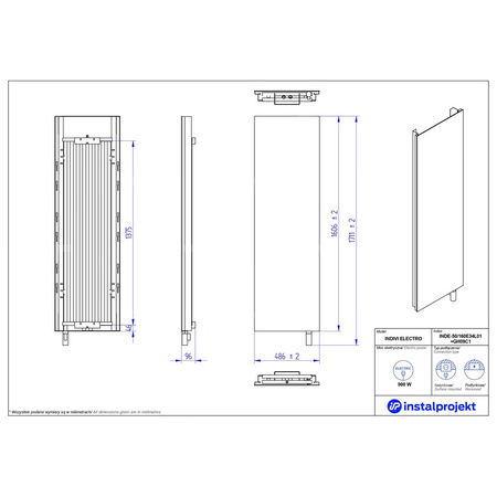 Grzejnik elektryczny (suszarka) INSTAL-PROJEKT Indivi Electro, wym. 1606 (1711 z grzałką)/486 mm, moc 900 W