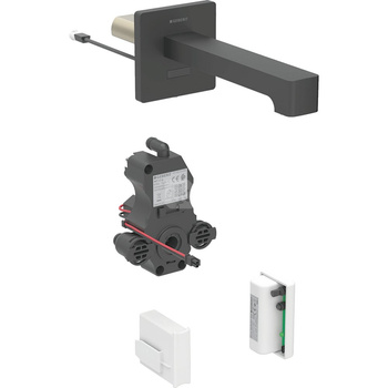 Bateria umywalkowa Geberit Brenta, ścienna, zasilanie generatorowe, do podtynkowej skrzynki funkcyjnej, z mieszaczem, L17, czarny mat