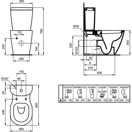 Miska WC stojąca IDEAL STANDARD CONNECT porcelana szklista biała, odpływ mocowane ściśle przylegające do ściany bez kołnierza wewnętrznego