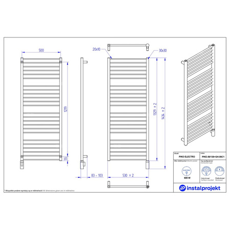 Grzejnik elektryczny (suszarka) INSTAL-PROJEKT Piko Electro, wym. 1329 (1434 z grzałką)/530 mm, kolor czarny, moc 600 W