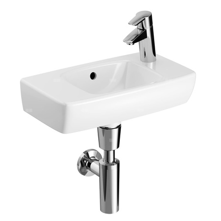 Umywalka GEBERIT Selnova Compact prostokątna, biała, 450mm, otwór na baterię z prawej, z odpływem przelewowym, półka z lewej