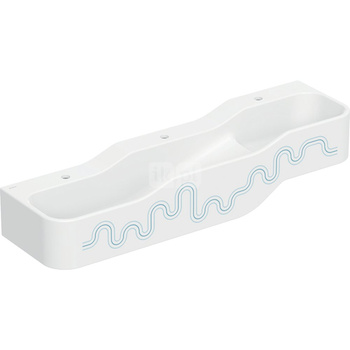 Umywalka GEBERIT Bambini 3-stanowiskowa prostokątna (rynna, elementy dekoracyjne), biała, 1400mm, otwór na baterię na środku (x3), bez odpływu przelewowego, półka od ściany