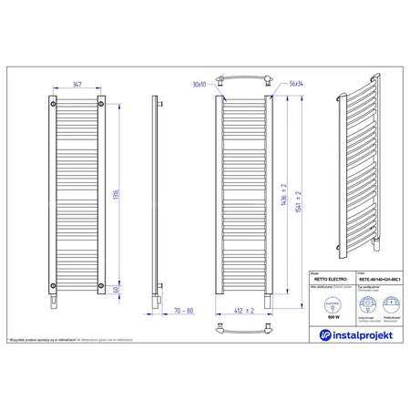 Grzejnik elektryczny (suszarka) INSTAL-PROJEKT Retto Electro, wym. 1436 (1541 z grzałką)/412 mm, kolor czarny,  moc 600 W