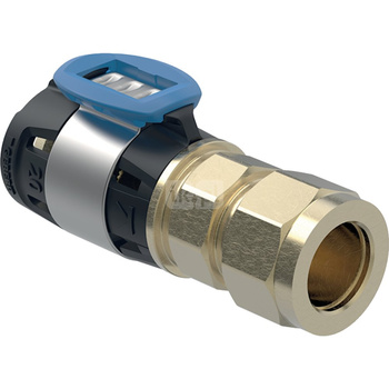 Złączka przejściowa  GEBERIT FlowFit, brąz krzemowy bezołowiowy, 20 mm x 18 mm (śrubunek zaciskowy x łącznik zaprasowywany)