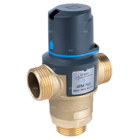 Zawór regulacyjny termostatyczny do wody ciepłej AFRISO ATM 763 mosiądz GZ 1'', DN 20, zakres temp. 35-60'C, Kvs 3.2 m3/h, maksymalna temperatura 110'C, maksymane ciśnienie 10 bar