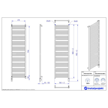 Grzejnik elektryczny (suszarka) INSTAL-PROJEKT Stick Electro, wym. 1850 (1955 z grzałką)/500 mm, kolor czarny mat, moc 900 W