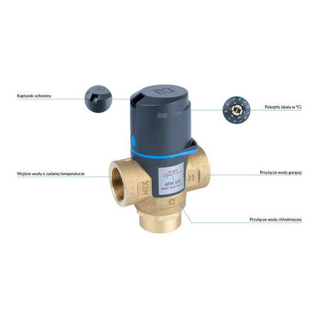 Zawór regulacyjny termostatyczny do wody ciepłej AFRISO ATM 333 mosiądz GW 3/4'', DN 20, zakres temp. 35-60'C, Kvs 1.6 m3/h, maksymalna temperatura 90'C, maksymane ciśnienie 10 bar