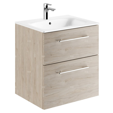 Zestaw umywalki meblowej Geberit Selnova Square, slim rim, z szafką pod umywalkę, z dwoma szufladami: B1=58.8cm, T=50.2cm, Otwór na baterię=Na środku, Przelew=Widoczny, Orzech włoski hickory jasny