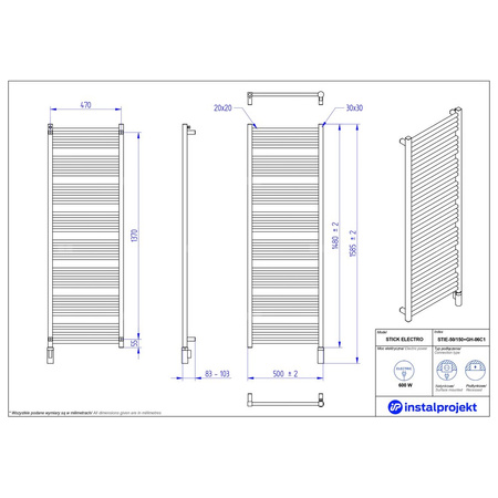 Grzejnik elektryczny (suszarka) INSTAL-PROJEKT Stick Electro, wym. 1480 (1585 z grzałką)/500 mm, kolor biały połysk,  moc 600 W