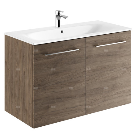 Zestaw umywalki meblowej Geberit Selnova Square, slim rim, z szafką pod umywalkę, z dwoma drzwiami: B1=98.8cm, T=50.2cm, Otwór na baterię=Na środku, Przelew=Widoczny, Orzech włoski hickory