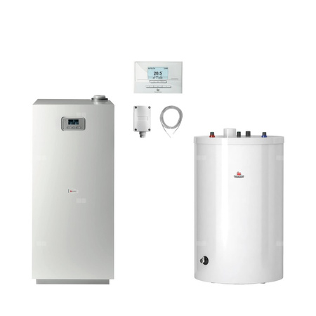 Pakiet-Kocioł gazowy jednofunkcyjny SAUNIER DUVAL Niedźwiedź Condens KKS35 kondensacyjny stojący 11.3 - 37.5kW + Czujnik temperatury zewnętrznej + Czujnik c.w.u. NTC + Regulator EXACONTROL E7C + Drugie przyłącze powrotu + Zasobnik c.w.u FE 120/6 BM