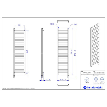 Grzejnik elektryczny (suszarka) INSTAL-PROJEKT Poppy Electro, wym. 1630 (1735 z grzałką)/400 mm, kolor biały połysk,  moc 600 W