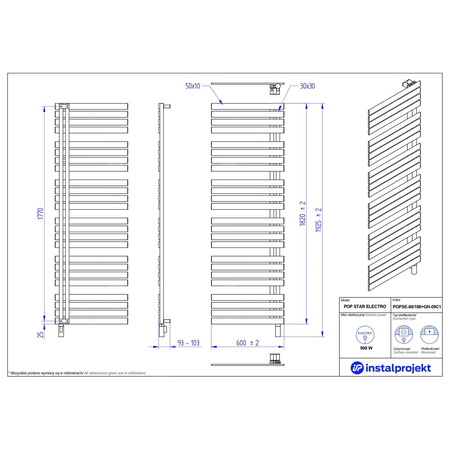 Grzejnik elektryczny (suszarka) INSTAL-PROJEKT Pop Star Electro, wym. 1820 (1925 z grzałką)/600 mm, kolor czarny, moc 900 W