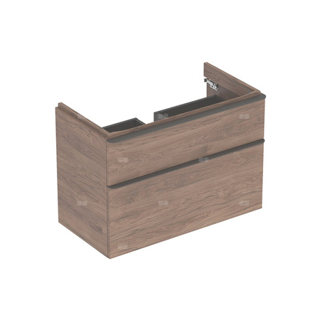 Szafka pod umywalkę Geberit Smyle Square, z dwoma szufladami: Szerokość umywalki=90cm, H=61.7cm, Korpus i front: orzech hickory / melaminowa struktura drewna, Uchwyt: lava / malowany proszkowo, matowy