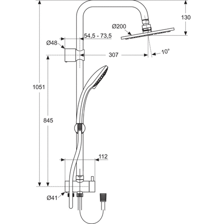 System prysznicowy natynkowy 200x480,5x1049 mm 11.0 l/min (3 bary) - IDEALRAIN