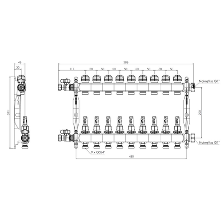 Rozdzielacz do ogrzewania podłogowego AFRISO ProCalida VA 1C 9-obieg. stal nierdzewna GZ 1'' x euroconus 3/4''