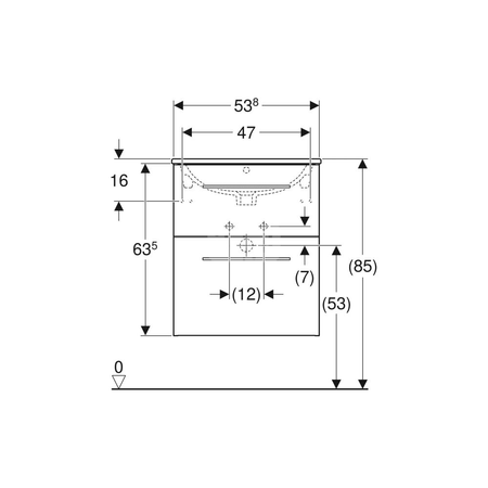 Umywalka GEBERIT Selnova Square prostokątna, biała, 600mm, otwór na baterię na środku, nakładany od góry, z odpływem przelewowym, półka od ściany